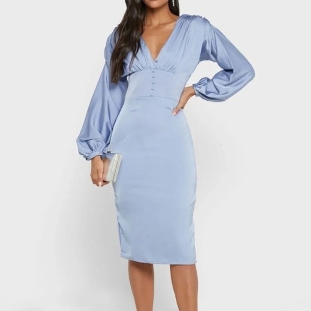 Chi Chi London Satin Dress Size US 12 P Dusty Blue Longsleeves Balloon Feminine